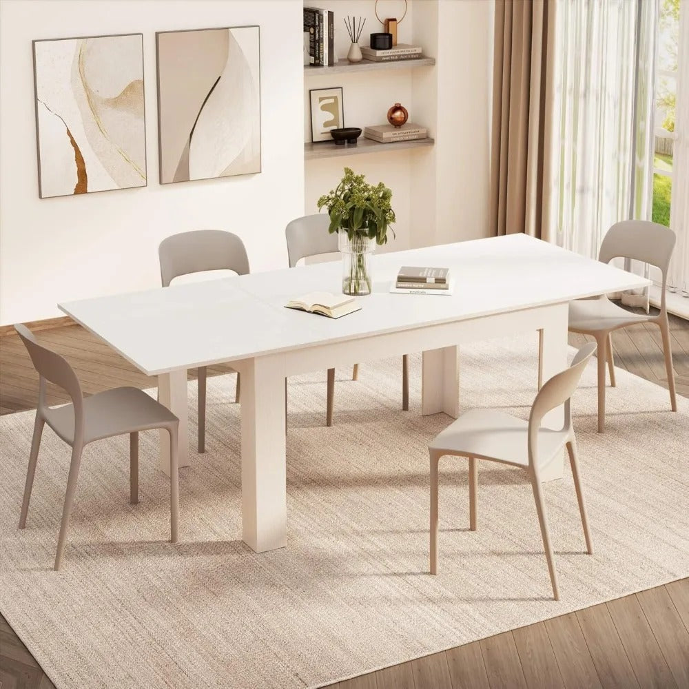 Extendable Dining Table for 6–8 People – 55" to 86" Ashwood White Kitchen Table with L-Shaped Legs, Space-Saving Design