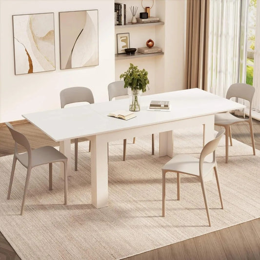 Extendable Dining Table for 6–8 People – 55" to 86" Ashwood White Kitchen Table with L-Shaped Legs, Space-Saving Design