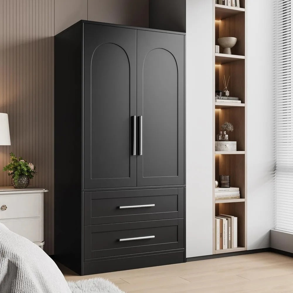 Modern Black Wooden Wardrobe Closet with 2 Drawers & Shelves – Dustproof, Durable & Space-Saving Design