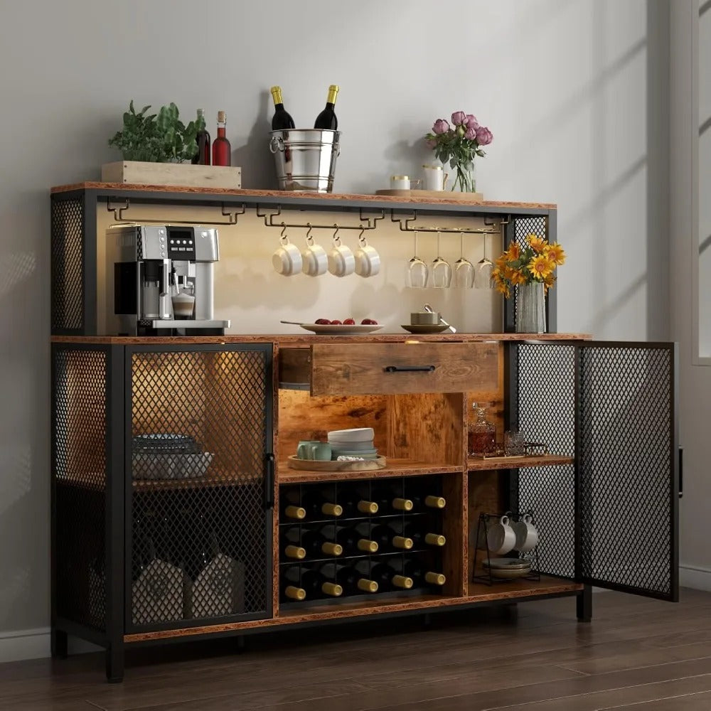 55” Industrial Wine Bar Cabinet with Drawer, LED Lights, Wine Rack & Glass Holder – Coffee Bar Sideboard for Kitchen or Dining Room