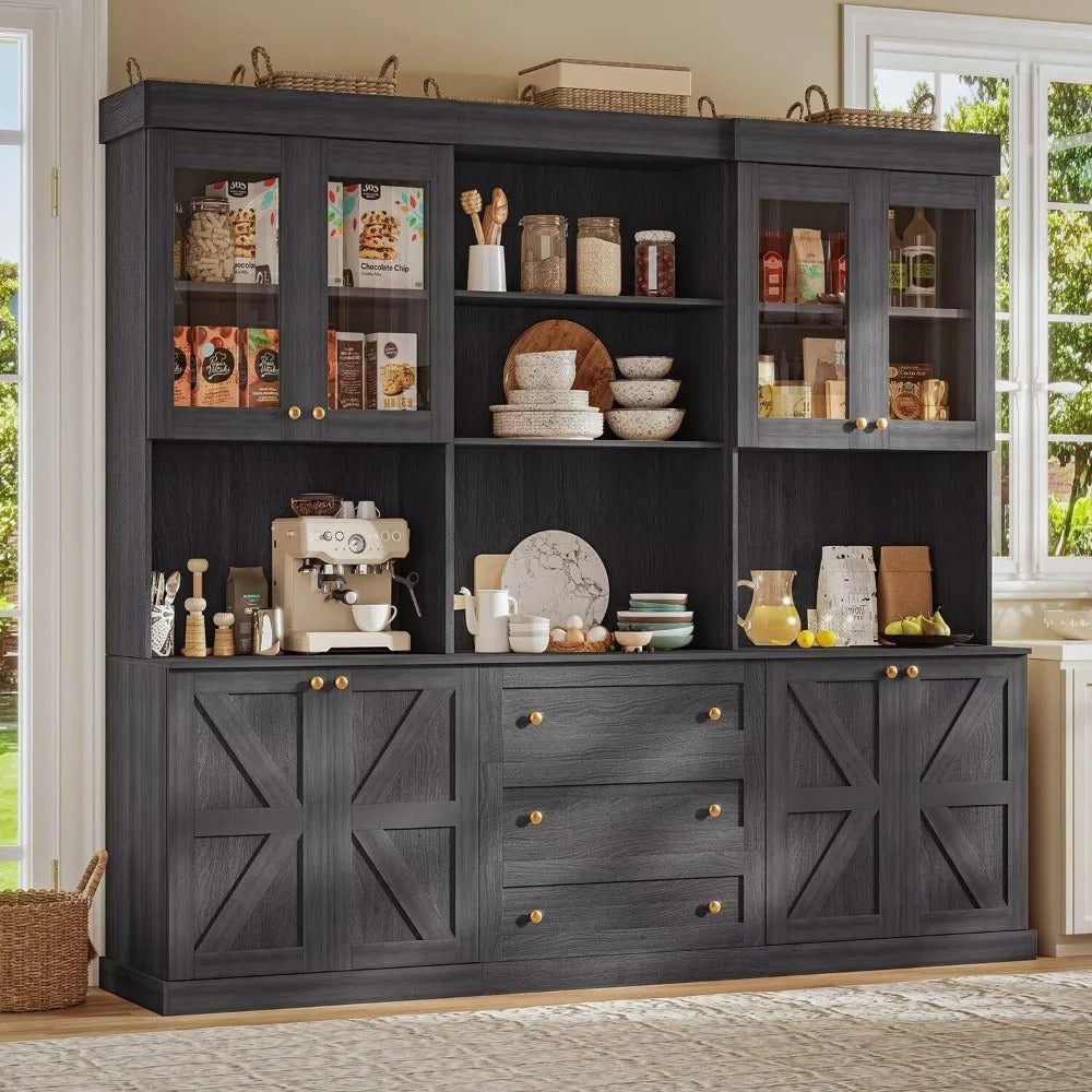 71" Tall Farmhouse Storage Cabinet with Glass Doors & Drawers – Modular Bookcase with Countertop & Adjustable Shelves