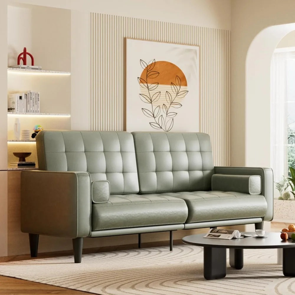 70” Mid-Century Modern Faux Leather Couch – Armless Loveseat with Cushioned Seats for Living Room or Office (Olive Green)