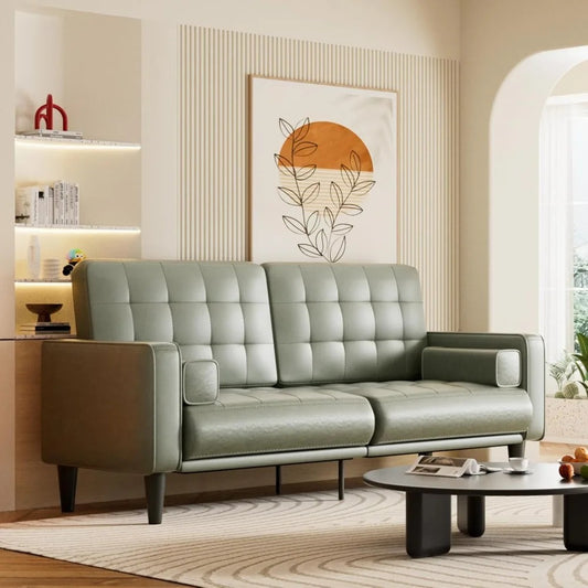 70” Mid-Century Modern Faux Leather Couch – Armless Loveseat with Cushioned Seats for Living Room or Office (Olive Green)