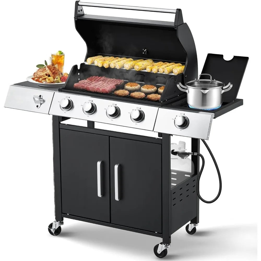 4-Burner Propane Gas Grill with Side Burner – 481 Sq. In. Cooking Space, Lockable Wheels, and Storage Cabinet
