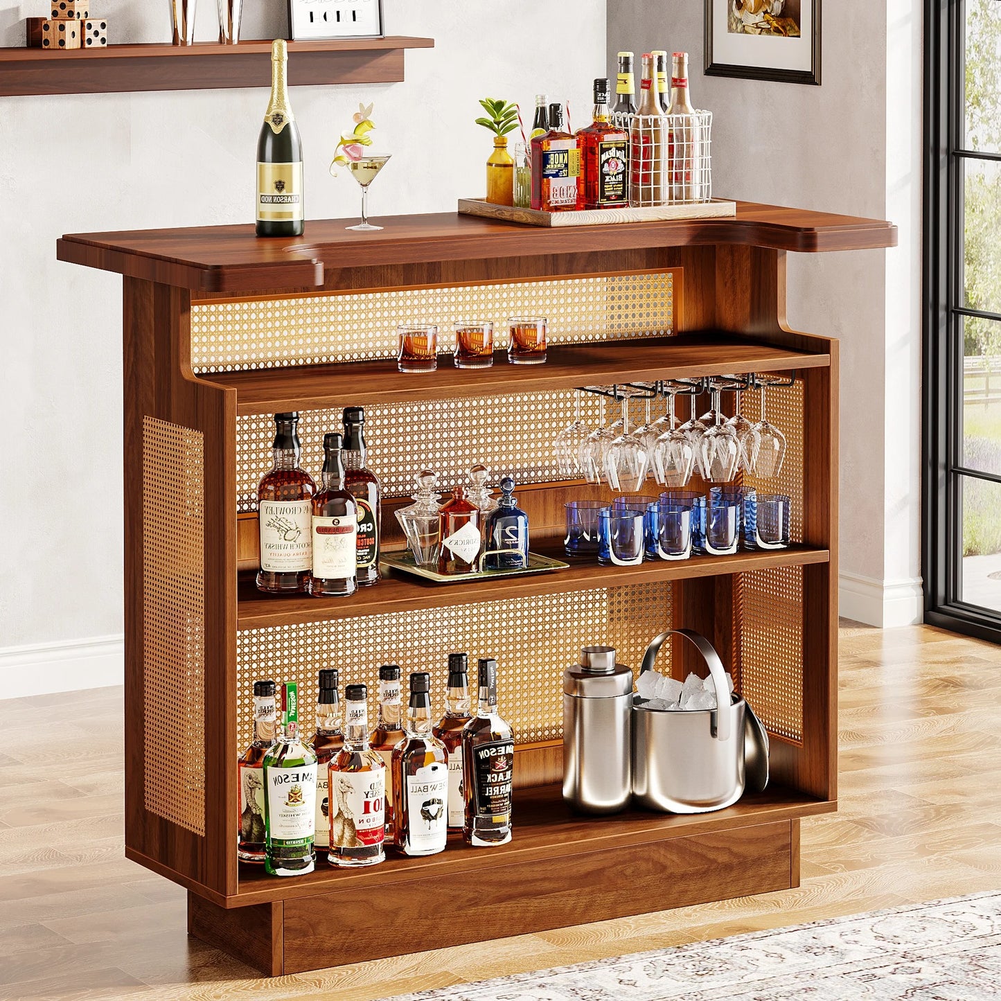 Farmhouse Rattan Home Bar Cabinet with 4 Shelves, Stemware Racks & Elevated Base – Rustic Liquor Storage Table