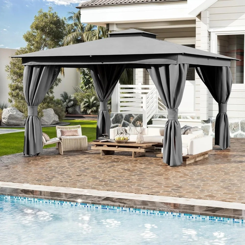 10x13 FT Outdoor Patio Gazebo with Curtains & Netting – Heavy Duty Double Roof Canopy for Backyard, Deck, or Garden
