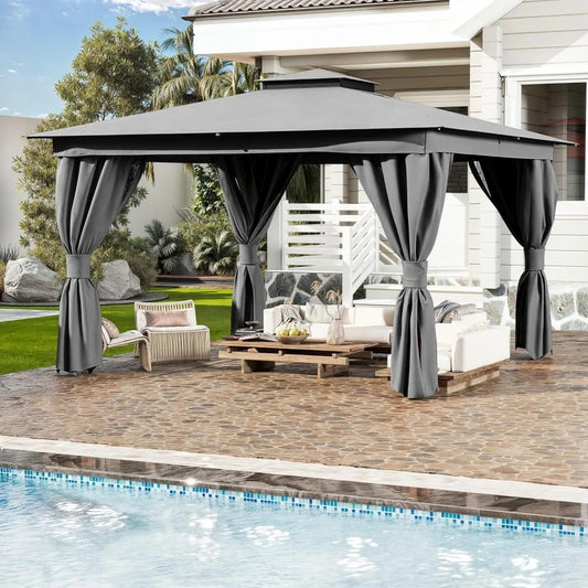 10x13 FT Outdoor Patio Gazebo with Curtains & Netting – Heavy Duty Double Roof Canopy for Backyard, Deck, or Garden
