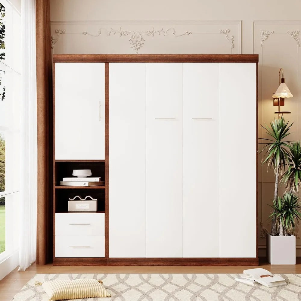 Full Size Murphy Bed with Storage Cabinets & Shelves – Space-Saving Foldable Wall Bed in White + Wood