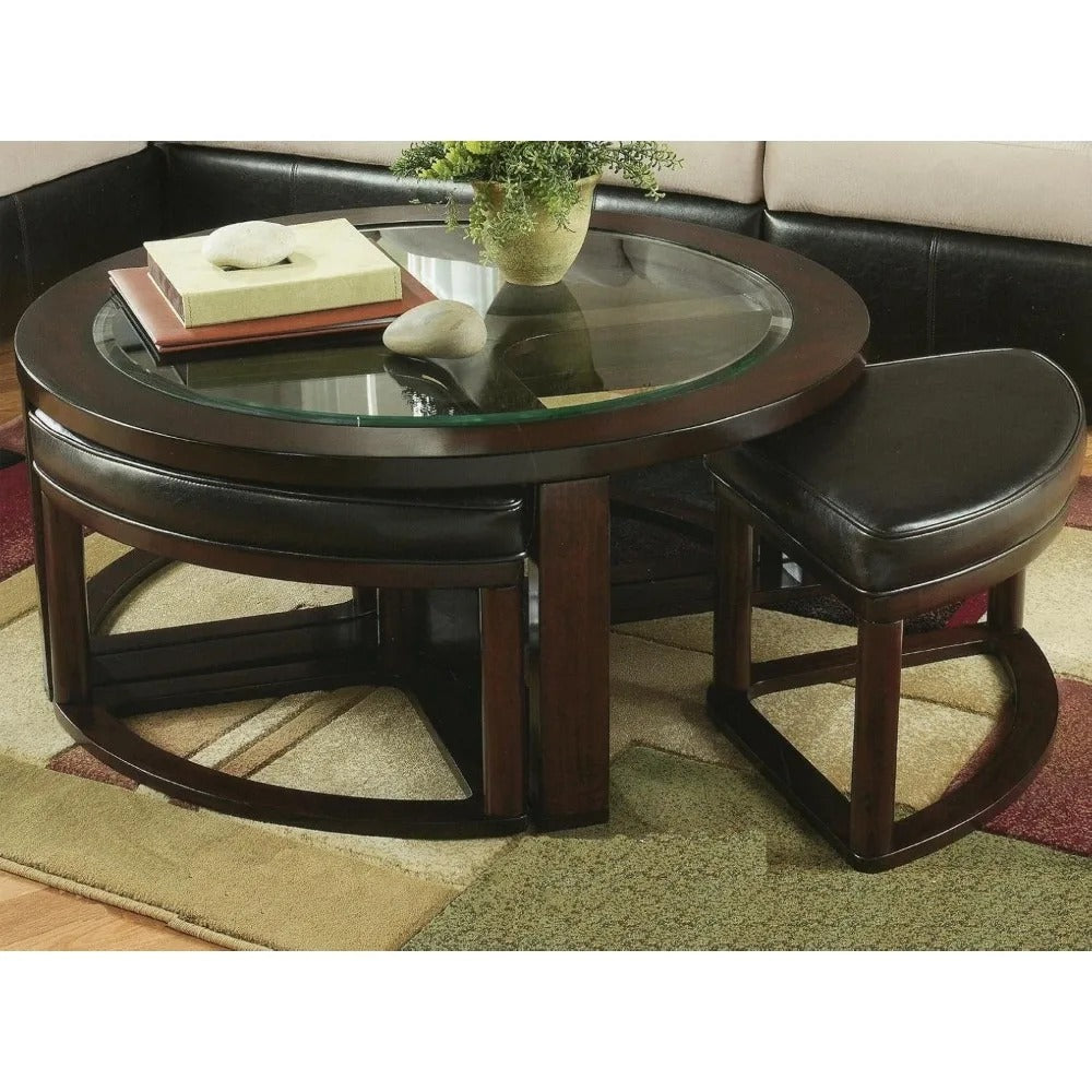 Espresso Round Coffee Table with 4 Hidden Stools – Solid Wood & Glass Top Space-Saving Living Room Set