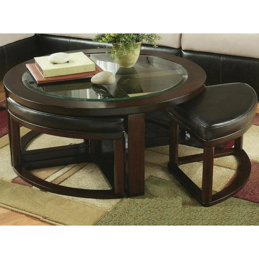 Espresso Round Coffee Table with 4 Hidden Stools – Solid Wood & Glass Top Space-Saving Living Room Set
