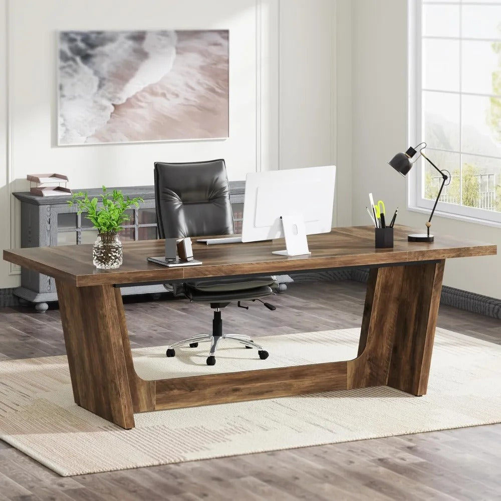 70.87" Rustic Executive Desk – Solid Wood Computer Desk with Heavy-Duty Pedestal for Home Office & Study