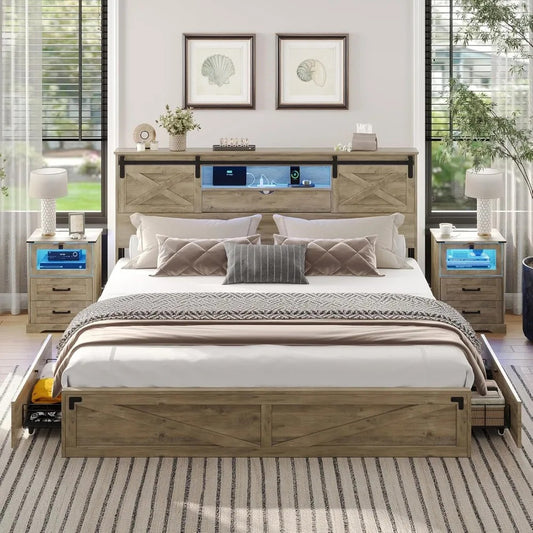King Size Farmhouse Bed Frame with LED Headboard, Charging Station & Storage Drawers – Rustic Wood Platform Bed with Sliding Barn Doors