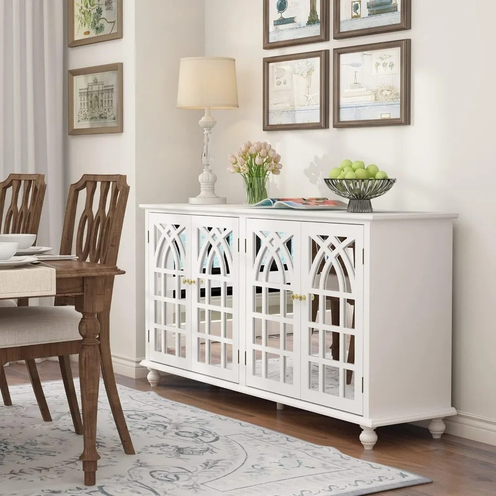 Modern White Sideboard Cabinet with Carved Mirror Doors & Adjustable Storage – Buffet Console for Kitchen, Dining, or Entryway