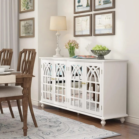 Modern White Sideboard Cabinet with Carved Mirror Doors & Adjustable Storage – Buffet Console for Kitchen, Dining, or Entryway