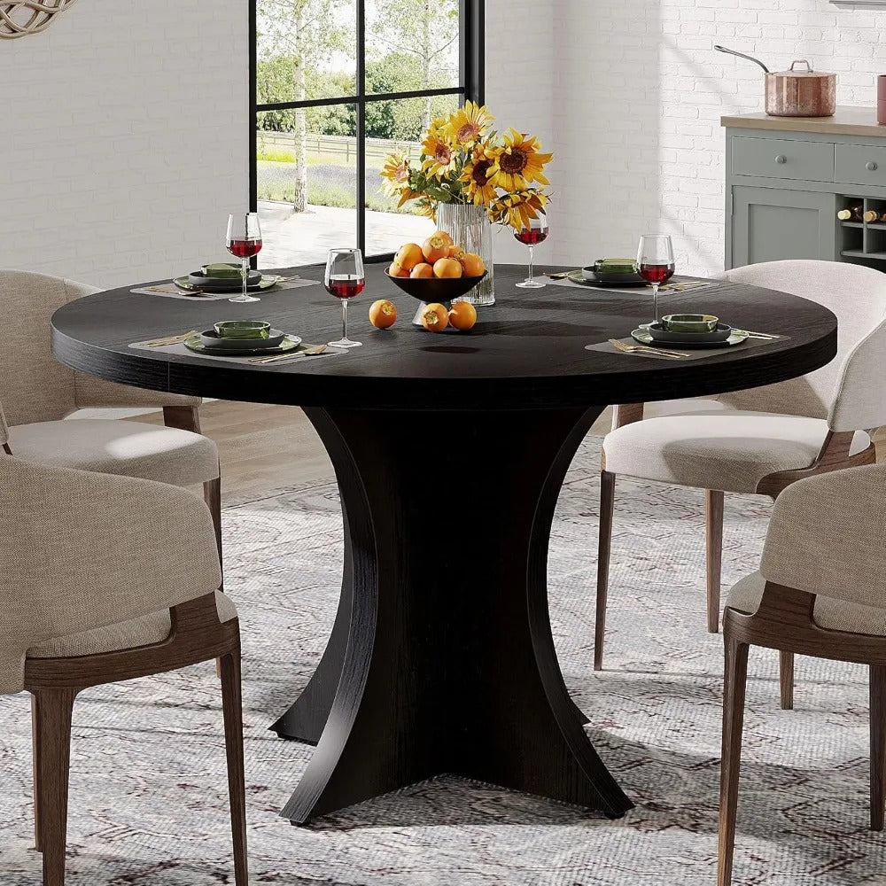 47" Round Farmhouse Dining Table for 4–6, Wood Pedestal Kitchen Table