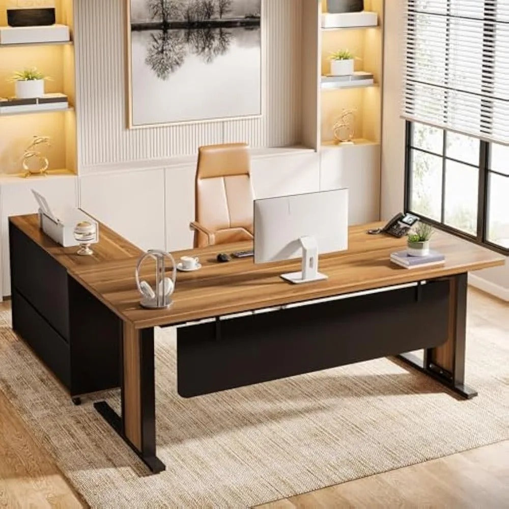 63" L-Shaped Executive Computer Desk with File Cabinet – Retro Office Workstation with Reversible Design & Storage Drawers