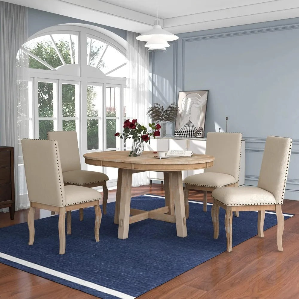 5-Piece Extendable Wood Dining Set – Round to Oval Table with 4 Cushioned Chairs, Natural Wood Wash