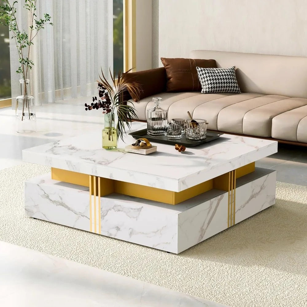 Modern Square Coffee Table with 4 Drawers – White & Gold Center Table with Sliding Top, Puzzle Design & Storage Compartments