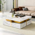 Modern Square Coffee Table with 4 Drawers – White & Gold Center Table with Sliding Top, Puzzle Design & Storage Compartments