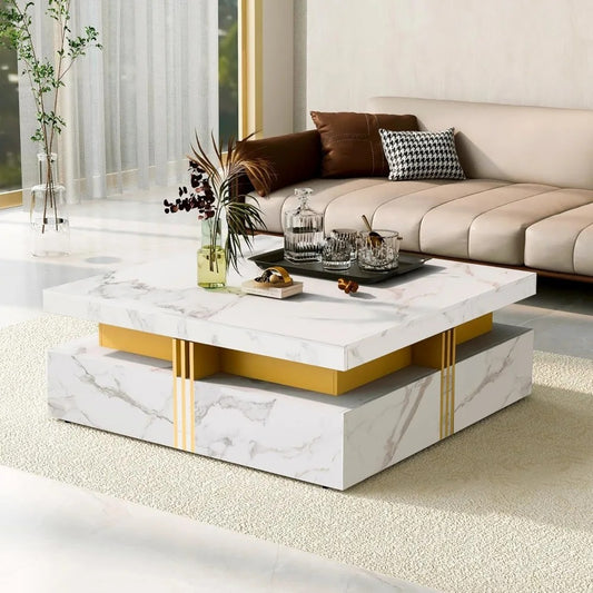 Modern Square Coffee Table with 4 Drawers – White & Gold Center Table with Sliding Top, Puzzle Design & Storage Compartments