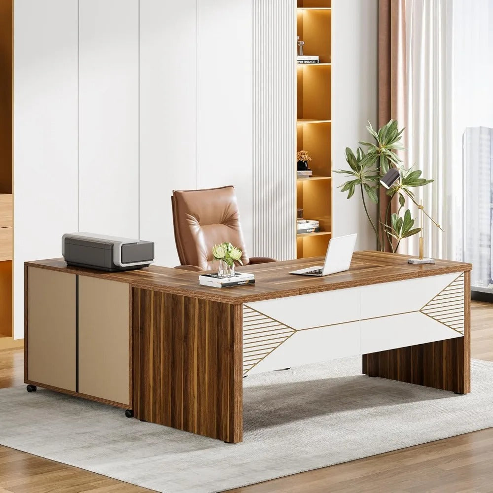 62.99" L-Shaped Executive Desk with Mobile File Cabinet – Large Home Office Workstation, Brown & White