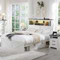 Farmhouse Queen Bed Frame with 52" Storage Headboard, LED Lights, Charging Station & 4 Drawers – Solid Wood Slats, White