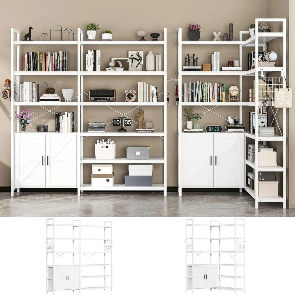 71" Tall Farmhouse Corner Bookshelf – 6-Tier Convertible Etagere with 2 Barn Doors, 10 Shelves & Metal Hooks for Living Room or Office (White)
