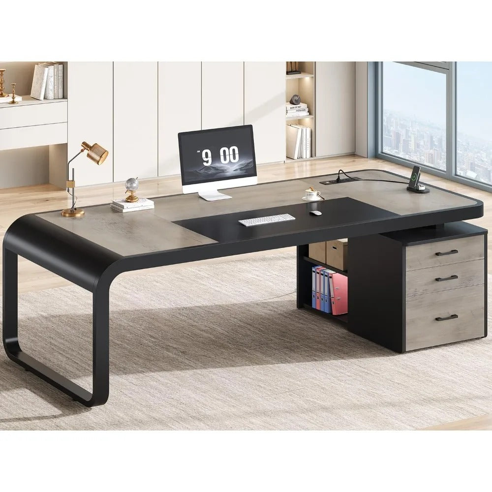 70.9” Executive Office Desk with Drawers & Charging Station – Large Computer Desk with File Cabinet & Removable Shelves