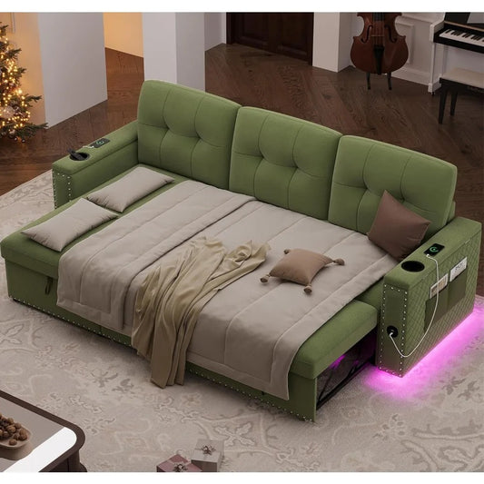 87" Velvet L-Shaped Sleeper Sectional Sofa Bed with Storage, LED Lights & USB Ports – Pull-Out Couch for Modern Living Rooms