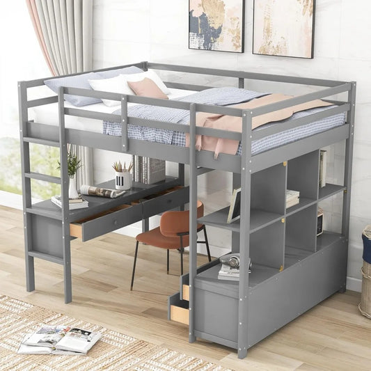 Full Size Loft Bed with Desk, Bookshelf & Drawers – Solid Wood Loft Frame for Kids or Teens, Grey