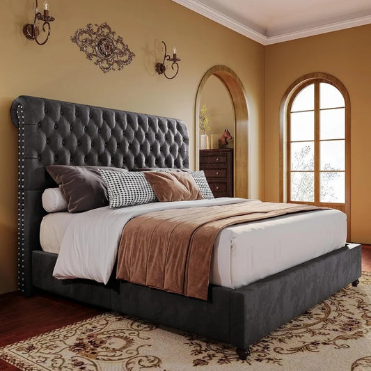 King Size Upholstered Bed Frame with 52.8" Tufted Headboard – Velvet Fabric, No Box Spring Needed, Squeak-Resistant, Dark Grey