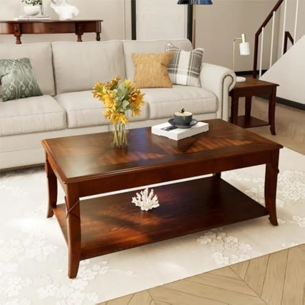 Cherry Queen Anne Solid Wood Coffee Table with Storage Shelf – 43.3" Mid-Century Elegance