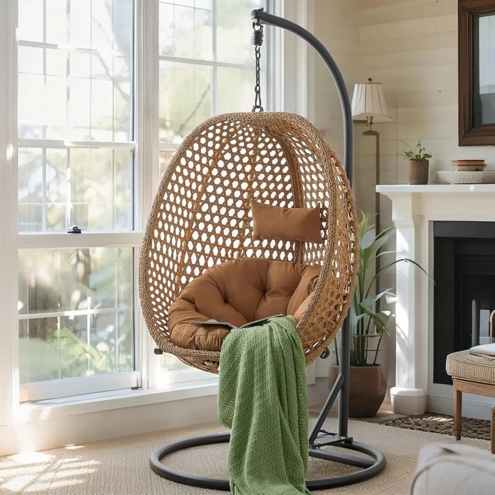 Hanging Egg Swing Chair with Stand & Cushion – Foldable Rattan Basket Lounge for Indoor/Outdoor Relaxation (Khaki Yellow)