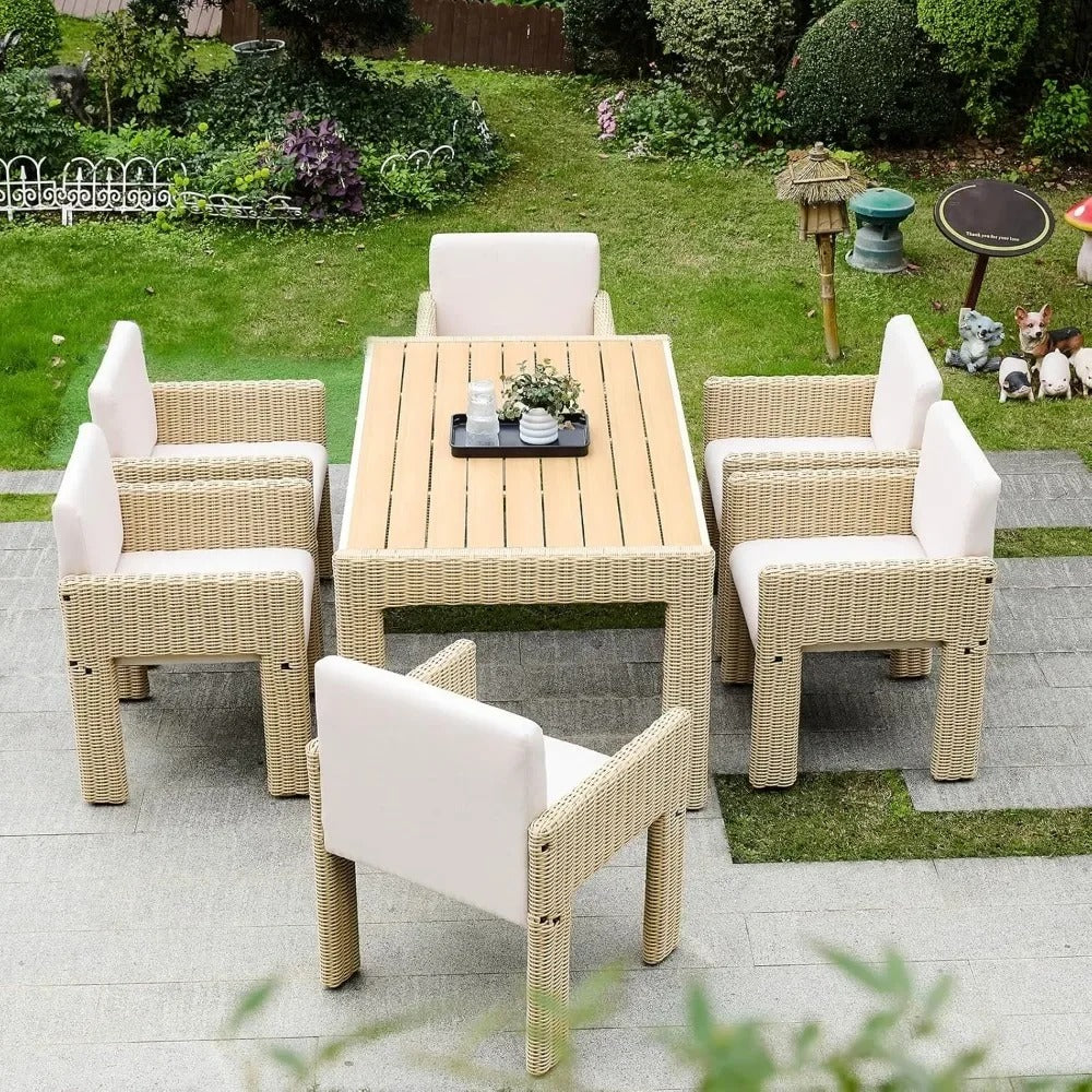 7-Piece Modern Outdoor Patio Dining Set with Cushioned Chairs & Faux Wood Table – All-Weather PE Wicker Furniture