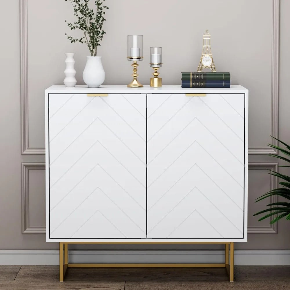 Modern White Sideboard Buffet with Gold Legs – Herringbone Design, Adjustable Shelf, Multi-Purpose Storage Cabinet