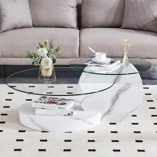 Modern Round Glass Coffee Table – 3-Tier Circle Table with Tempered Glass Top & Storage Shelves for Living Room or Small Spaces, White