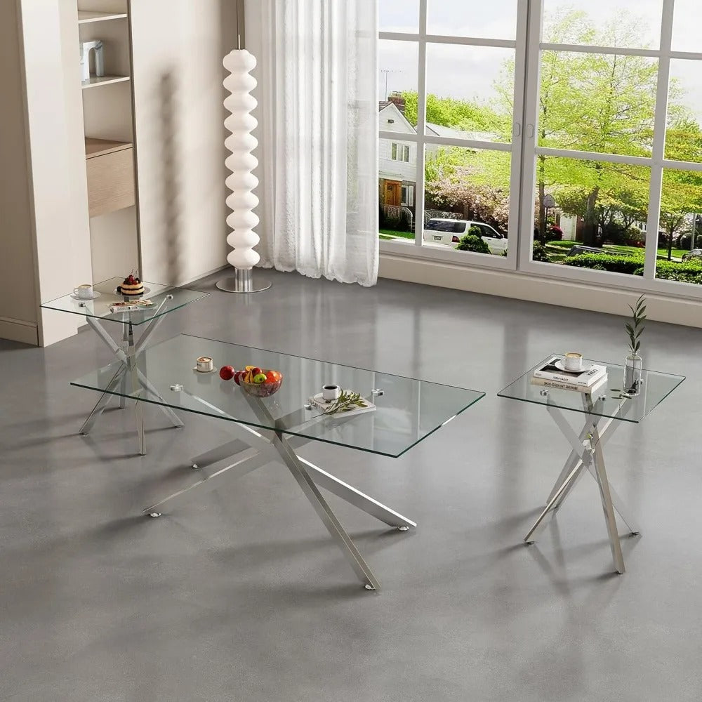 3-Piece Modern Glass Living Room Table Set – Coffee Table & 2 End Tables, Silver