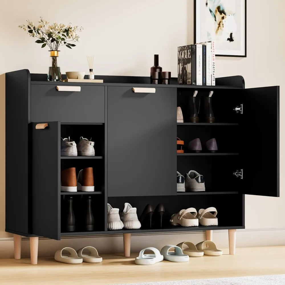 Modern Shoe Cabinet with Drawer & Doors – 4-Tier Adjustable Wood Shoe Organizer for Entryway, Hallway, or Bedroom