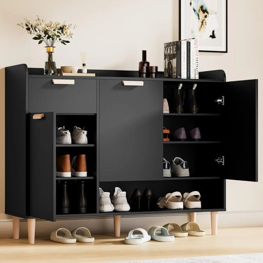 Modern Shoe Cabinet with Drawer & Doors – 4-Tier Adjustable Wood Shoe Organizer for Entryway, Hallway, or Bedroom