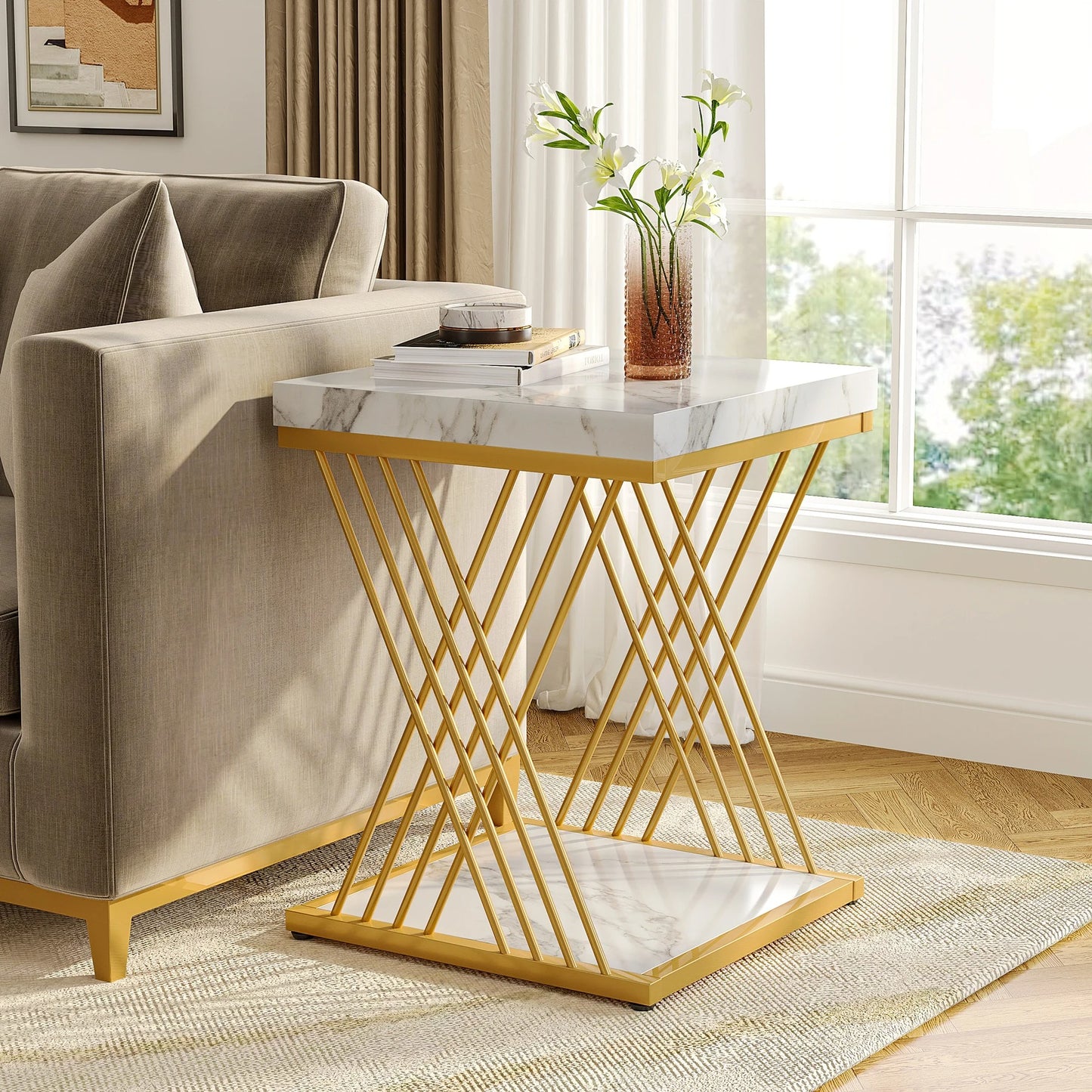 Modern White and Gold Square Side Tables – Set of 2 Elegant 2-Tier Accent Tables