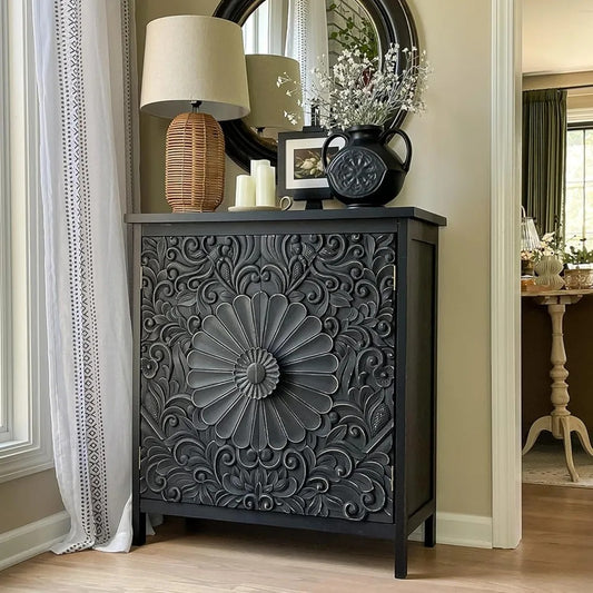 Black Floral Carved Accent Cabinet – 2-Door Vintage Storage Sideboard with Embossed Doors, Engineered Wood Console for Entryway or Living Room