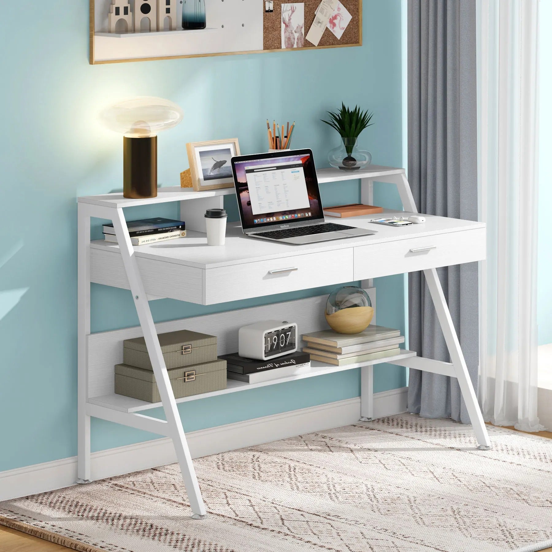 47" Computer Desk with Monitor Riser, Drawers & Shelf – Modern Study Table with Storage