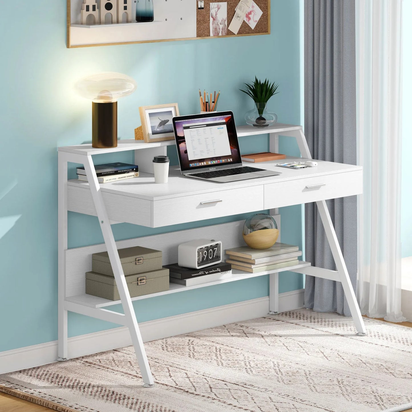 47" Computer Desk with Monitor Riser, Drawers & Shelf – Modern Study Table with Storage
