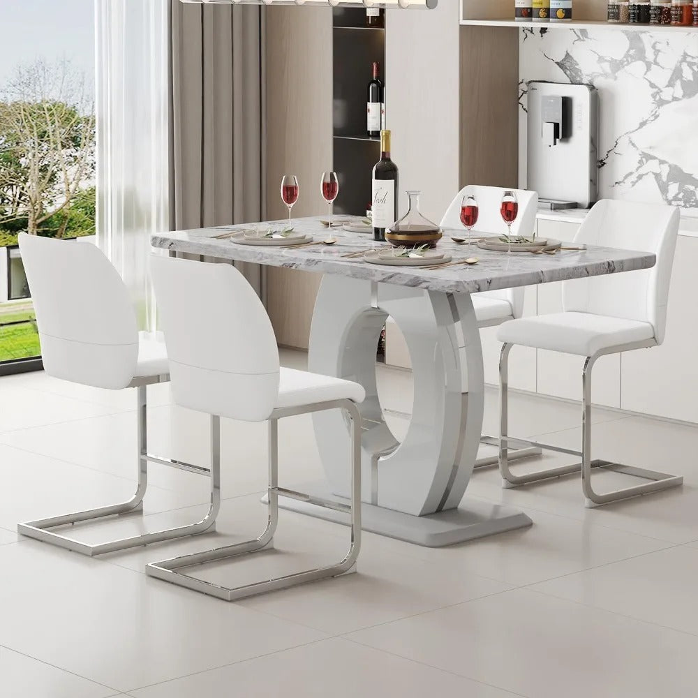 5-Piece Counter Height Dining Set with 63" Faux Marble Table & 4 White Leather Barstools – Modern Kitchen & Bar Table Set