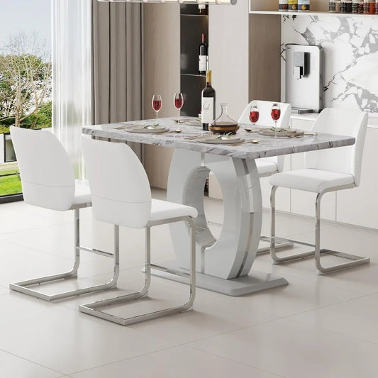 5-Piece Counter Height Dining Set with 63" Faux Marble Table & 4 White Leather Barstools – Modern Kitchen & Bar Table Set