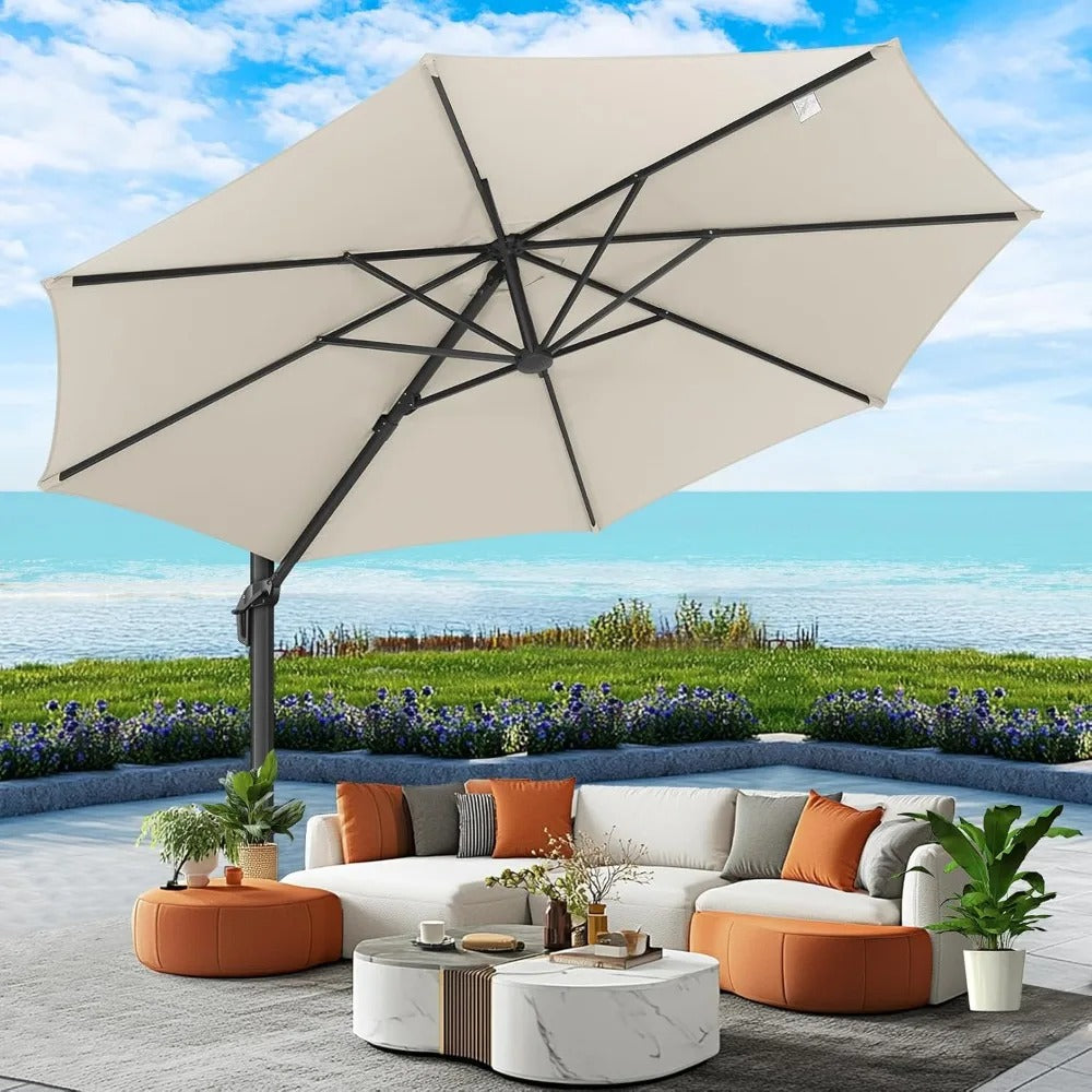 10FT Cantilever Patio Umbrella – 2025 Upgrade, 360° Rotation, Heavy-Duty Aluminum Frame, UPF50+ Fade-Resistant Canopy, Windproof Offset Umbrella for Patio