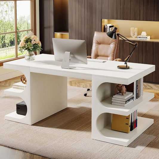 62" Executive Office Desk with Storage Shelves – Modern White Writing Desk for Home Office, Study, or Workstation Use