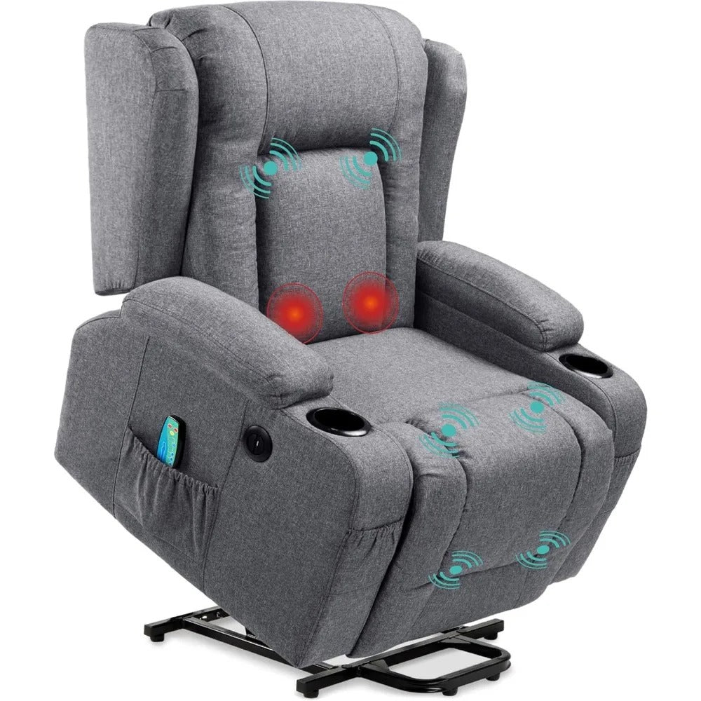 Modern Linen Power Lift Recliner Chair with Massage & Heat – Adjustable 3-Position Sofa with USB, Cup Holders & Side Pocket
