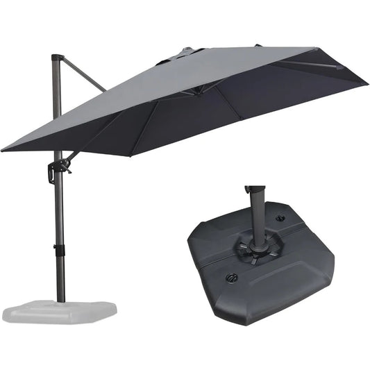 10 Ft Cantilever Patio Umbrella with Base – Square Offset Umbrella with 360° Rotation, UV-Resistant Fabric & Aluminum Frame, Light Grey