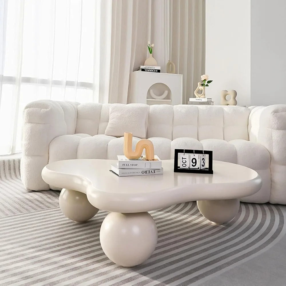 Modern Cloud Coffee Table – Irregular Cartoon Shape with Ball Legs, White Minimalist Accent Table
